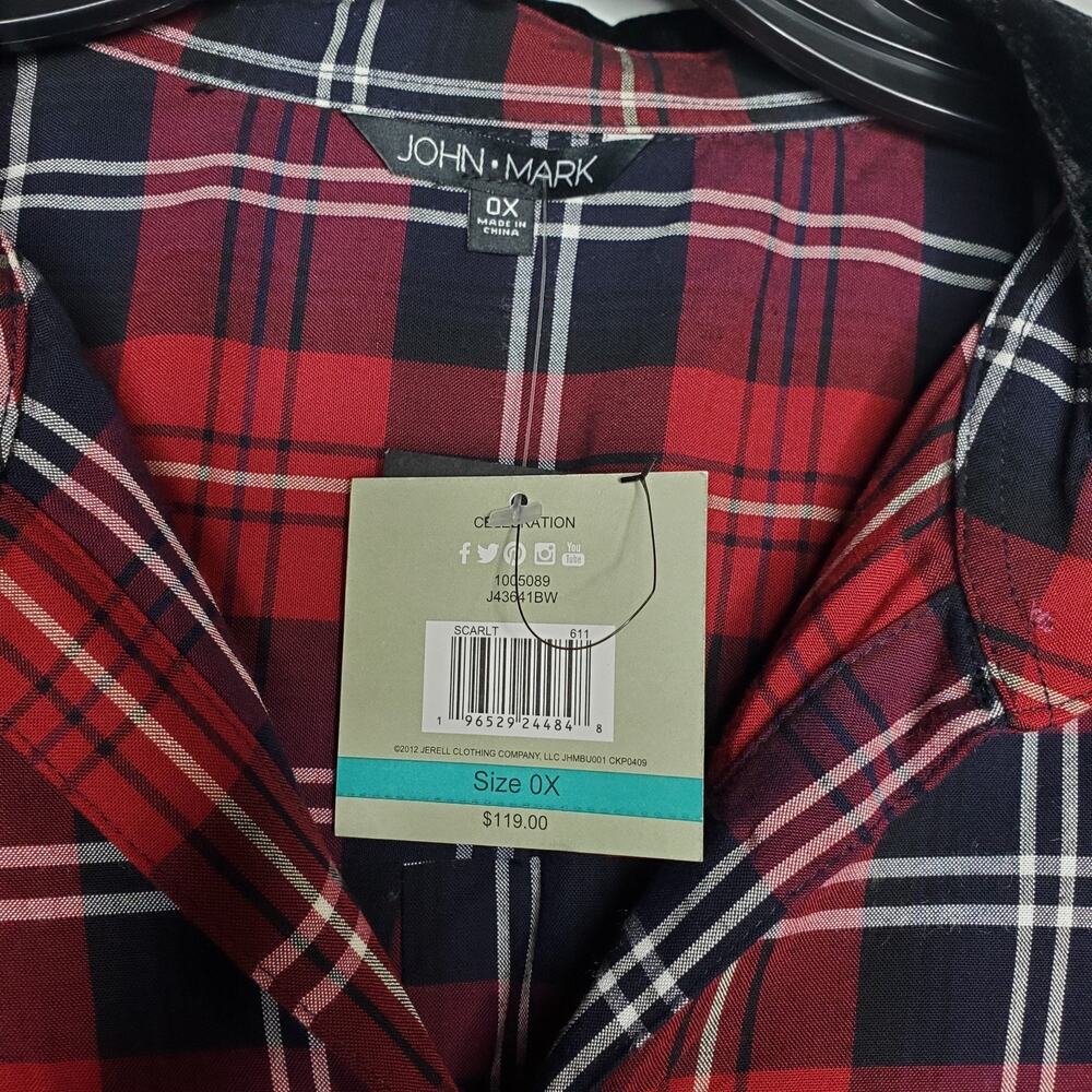John Mark Tunic Top Womens SZ OX Red Black Plaid Velvet Collar Cinched Sleeves - Picture 4 of 16